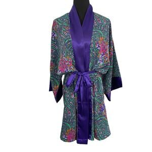 Victorias Secret Gold Label Satin Dressing Robe Purple Paisley Bathrobe Cover Up